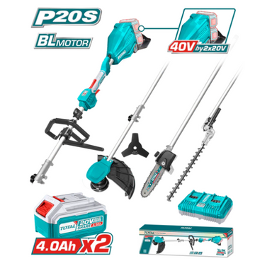 TOTAL TSTLI2040386 40V Cordless Multi‑Tool Garden Kit – Brushless, 2×20V 4.0Ah Batteries, Trimmer/Brush Cutter/Pole Saw/Hedge Trimmer