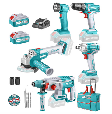 TOTAL 20V Brushless 5‑Tool Cordless Combo Kit TCKLI20592 with 2×4.0Ah Batteries, Charger & Bag (Impact Drill, Impact Wrench, Rotary Hammer, Angle Grinder, Work Lamp)