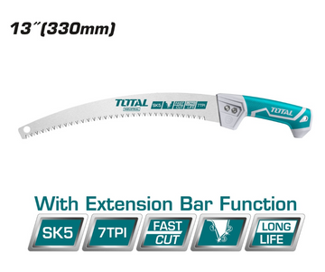TOTAL Professional 13" (330mm) SK5 Carbon Steel Pruning Saw - Fast Cut, Long Life, Hardened 7 TPI Blade - THT5113306