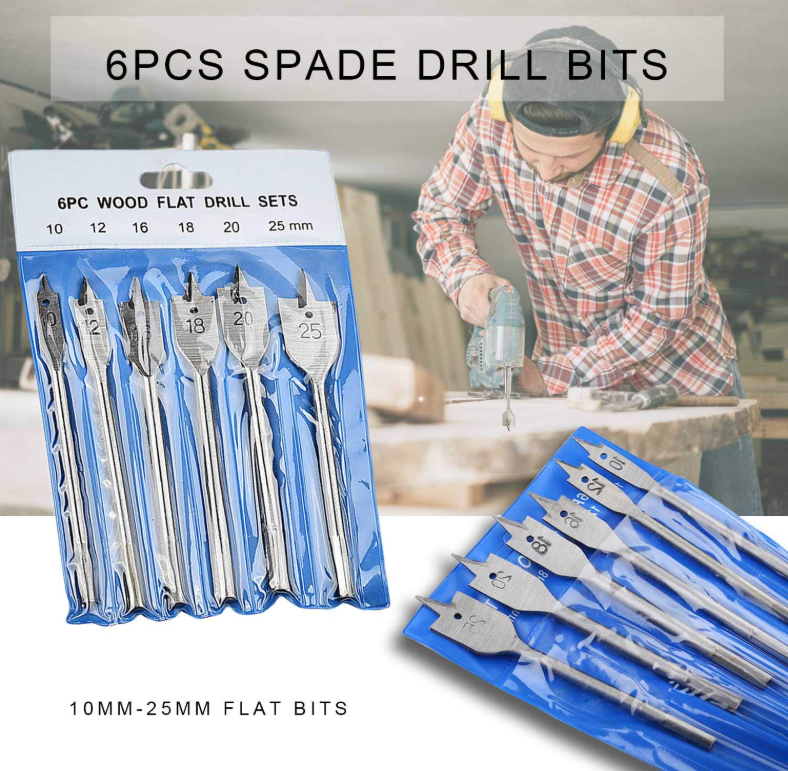 6-Piece Wood Flat Drill Bit Set (Spade Drill Bits) - 10mm to 25mm