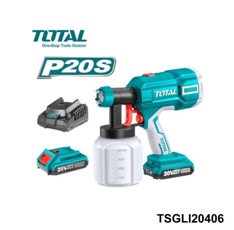 Total P20S 20V Cordless Paint Spray Gun Kit – TSGLI20406 Rechargeable, Battery & Charger Included