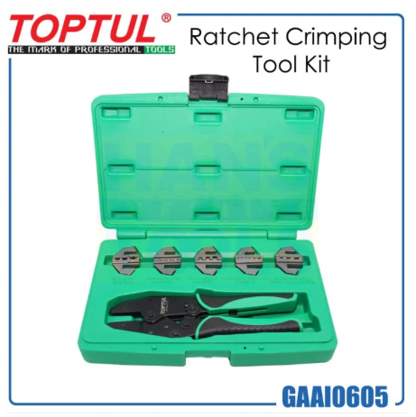 TOPTUL GAAI0605 6PCS Quick Interchangeable Ratchet Crimping Tool Kit – Professional Wire Crimper Set for Insulated & Non-Insulated Terminals, 0.5-16mm²