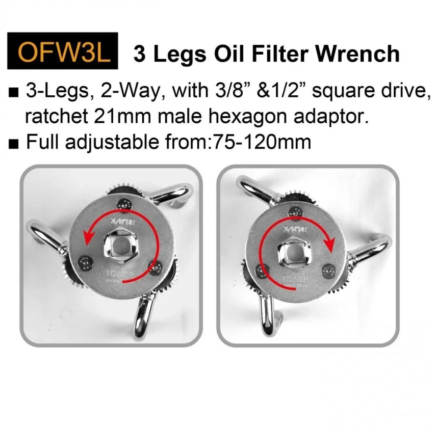 Tower OFW3L Adjustable 3-Leg Oil Filter Wrench (75-120mm) – 2-Way Key with 3/8" & 1/2" Drive