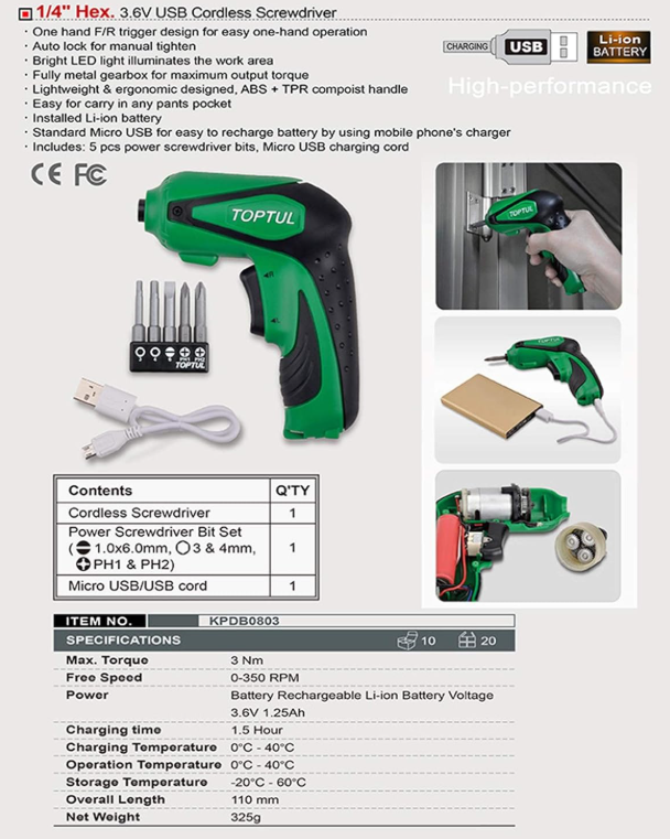 TOPTUL KPDB0803 3.6V USB Cordless Screwdriver, 1/4" Hex, 3Nm, 0–350RPM