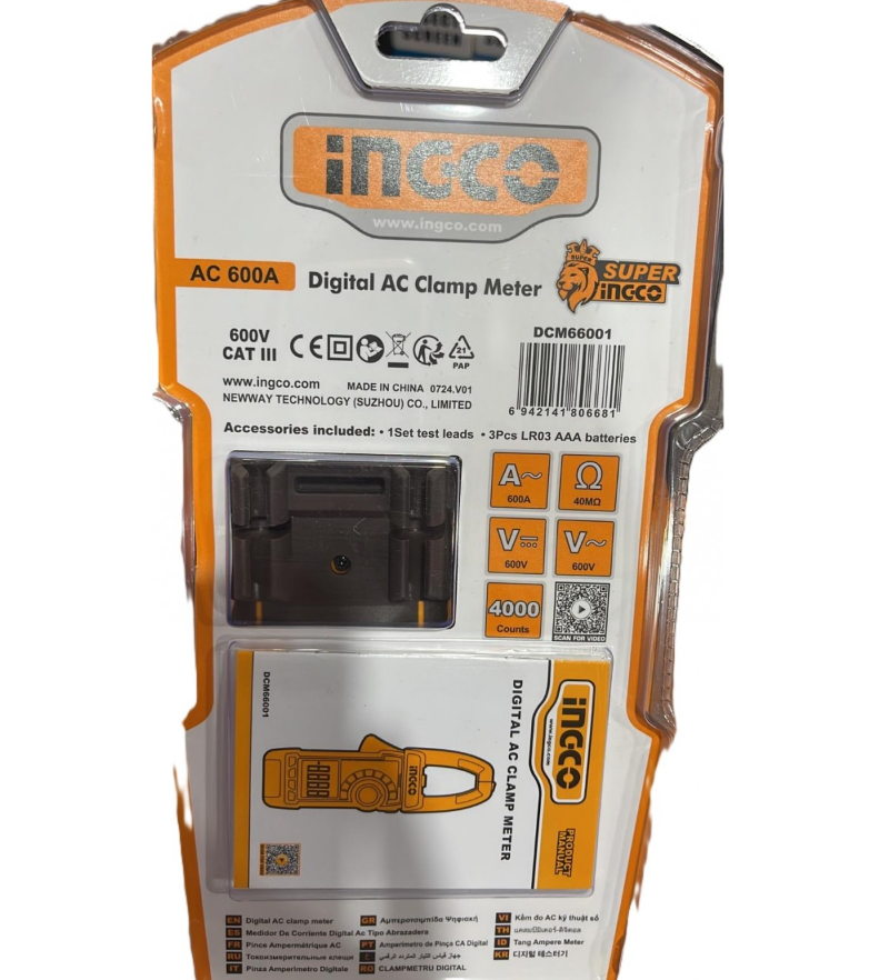 INGCO DCM66001 Digital AC Clamp Meter – True RMS, 4000 Counts, 600A AC, NCV, LowZ, Flashlight