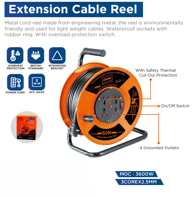 Extension Cable Reel – 50m, 3-Core 2.5mm², 3600W Max, 4 Waterproof Sockets, Thermal Cut‑Out