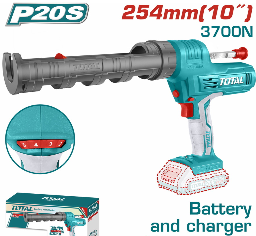 TOTAL TCGLI2001 20V Cordless Caulking Gun Kit – 3700N, 10" (254mm), 2×4.0Ah Batteries + Charger