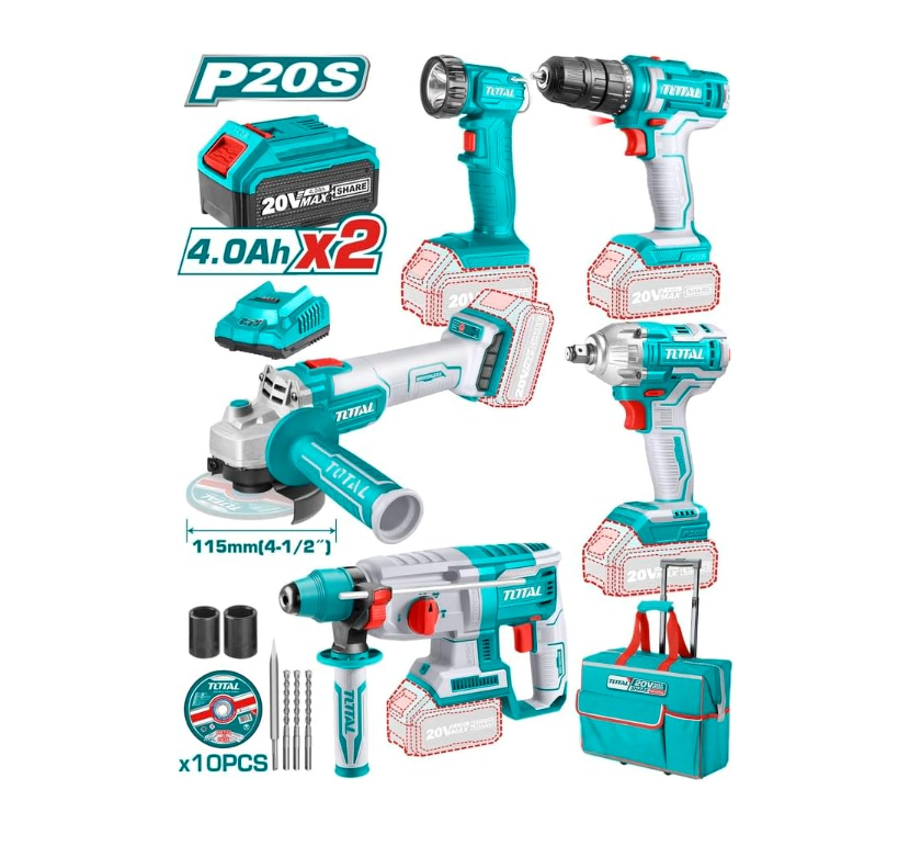 TOTAL 20V Brushless 5‑Tool Cordless Combo Kit TCKLI20592 with 2×4.0Ah Batteries, Charger & Bag (Impact Drill, Impact Wrench, Rotary Hammer, Angle Grinder, Work Lamp)