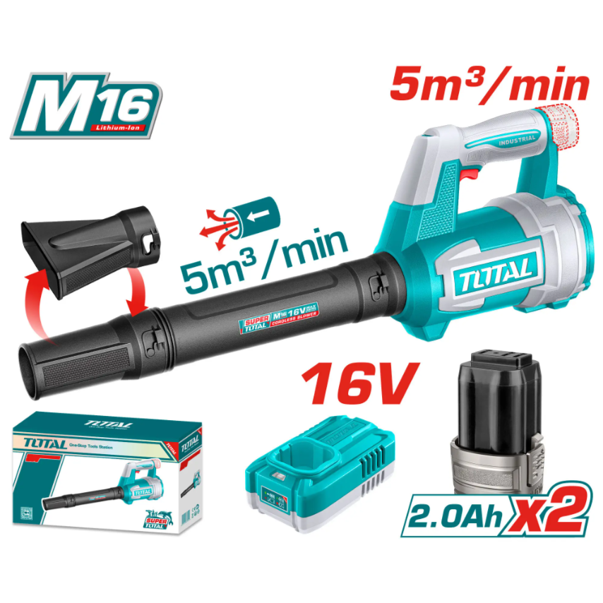 TOTAL M16 16V Cordless Blower TABLI168082 — 5 m³/min Airflow, 50 m/s Max Air Speed, with 2× 2.0Ah Batteries (TFBLI1620) + M16 Charger (TFCLI1613)