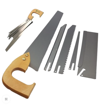 5‑in‑1 Quick‑Change Hand Saw Set with 5 Interchangeable Blades, Pull‑Stroke Precision for Wood, PVC, and Light Metal Cuts.