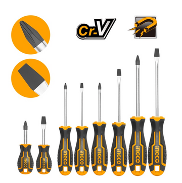 INGCO 8‑Piece Screwdriver Set, CR‑V Phillips & Slotted, HKSD0828.