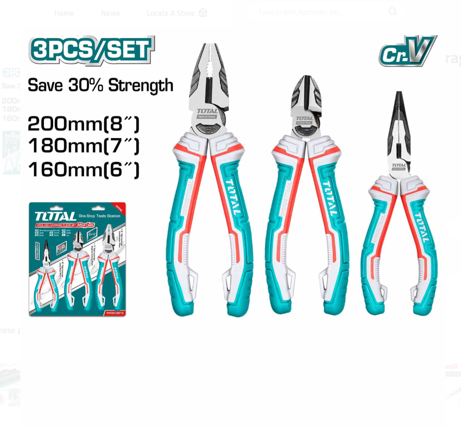 TOTAL 3‑Piece High‑Leverage Pliers Set, Cr‑V Steel — 8" Combination, 7" Diagonal, 6" Long Nose (THT2K0301S).