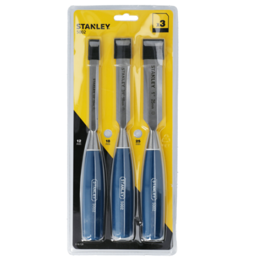 Stanley 5002 Series Wood Chisel Set, 3‑Piece Bevel‑Edge, High‑Carbon Steel, 12/18/25 mm (Model 0‑16‑128)