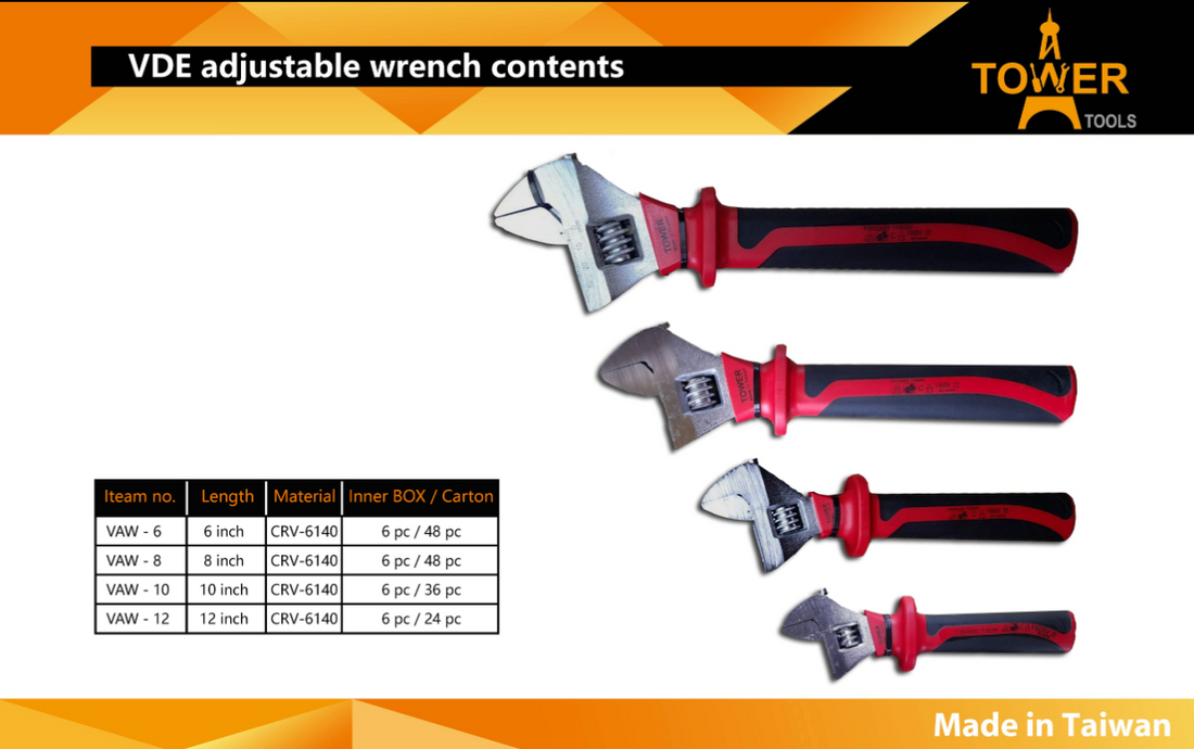 Tower Tools VDE Insulated Adjustable Wrench — 1000V, EN/IEC 60900, Chrome‑Vanadium, 6/8/10/12 inch (VAW6‑12).