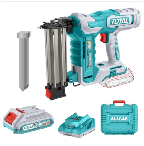 TOTAL TCBNLI5008 Cordless Brad Nailer; description: a 20V brushless nailer that drives F15–F50 brads at up to 3 nails per second with a 105‑piece magazine, supplied as a kit with a 2.0Ah battery, charger, and accessories.