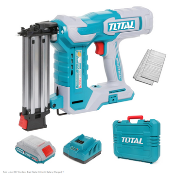 TOTAL TCBNLI5008 Cordless Brad Nailer; description: a 20V brushless nailer that drives F15–F50 brads at up to 3 nails per second with a 105‑piece magazine, supplied as a kit with a 2.0Ah battery, charger, and accessories.