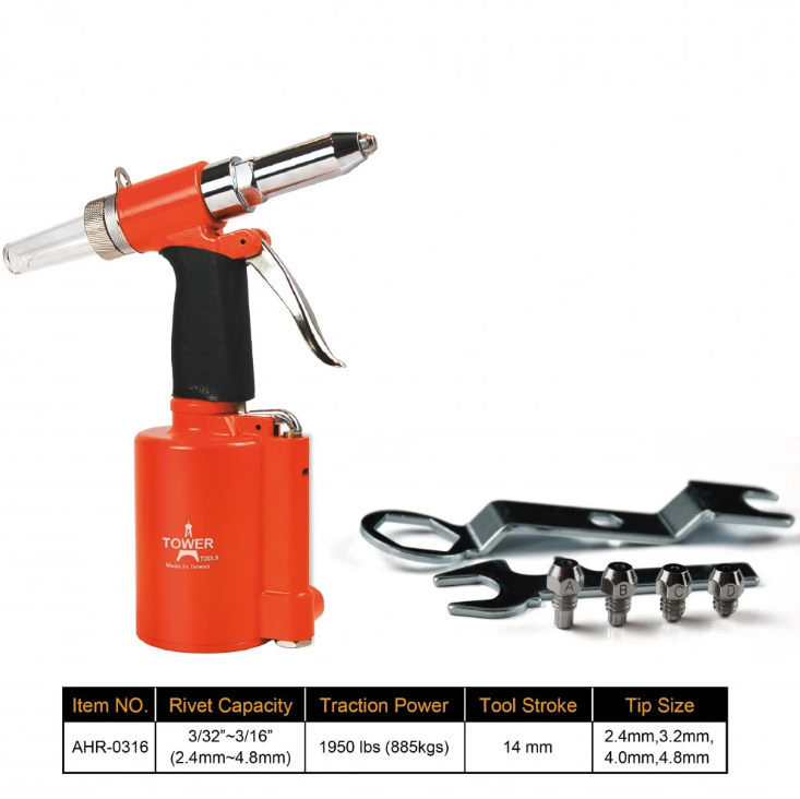 Tower Tools AHR-0316 Air Hydraulic Pneumatic Rivet Gun – 2.4mm to 4.8mm Capacity