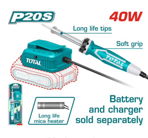 TOTAL TSILI2001 Cordless Soldering Iron + TFBCPK1222 20V Battery & Charger Twin Pack